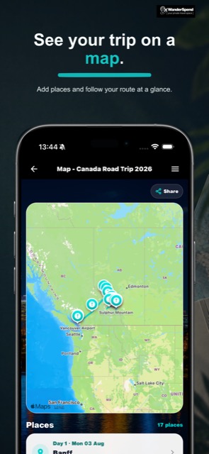 WanderSpend App Store screenshot with trip map and places