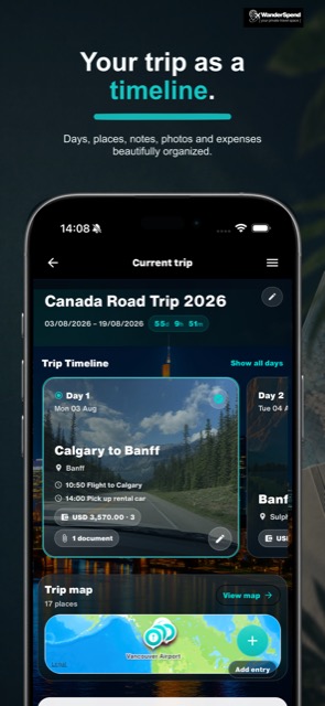 WanderSpend App Store screenshot with Trip Timeline
