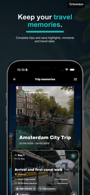 WanderSpend App Store screenshot with Trip Memories recap