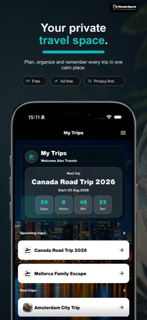 WanderSpend App Store screenshot with trip overview
