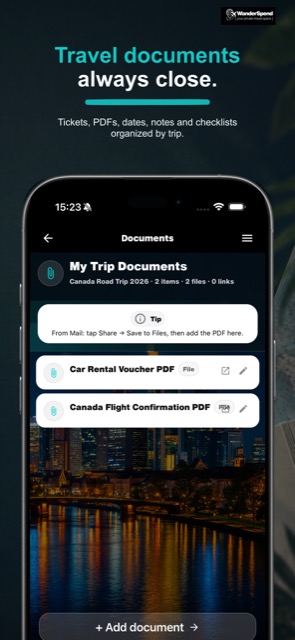 WanderSpend App Store screenshot for documents and trip planning