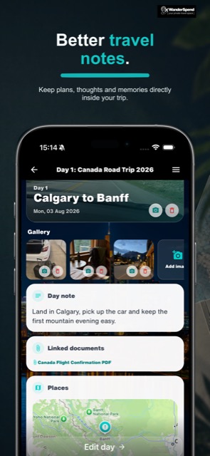 WanderSpend App Store screenshot with rich trip notes