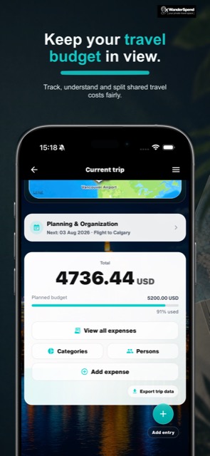 WanderSpend App Store screenshot for travel budget and expenses