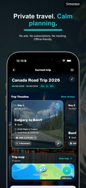 WanderSpend App Store screenshot about private local trips