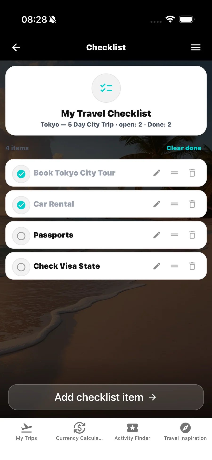 WanderSpend travel checklist for a trip
