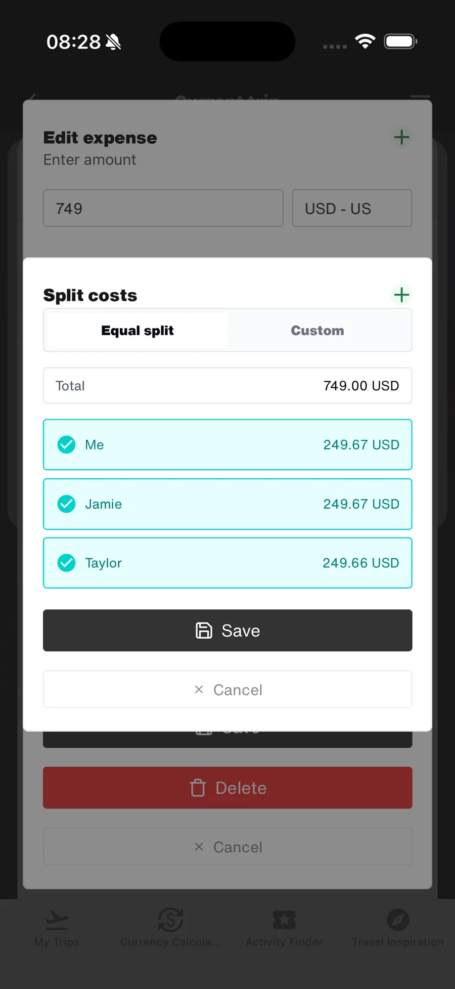 WanderSpend cost split screen for shared expenses