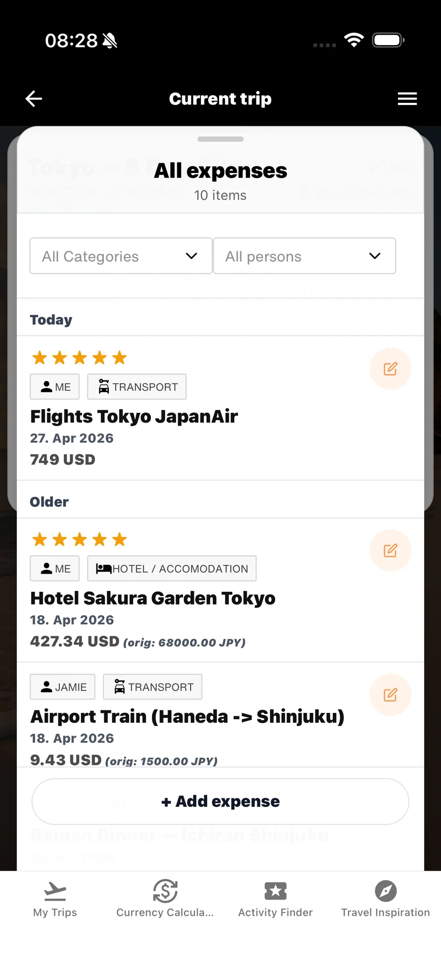 WanderSpend expense list for a trip