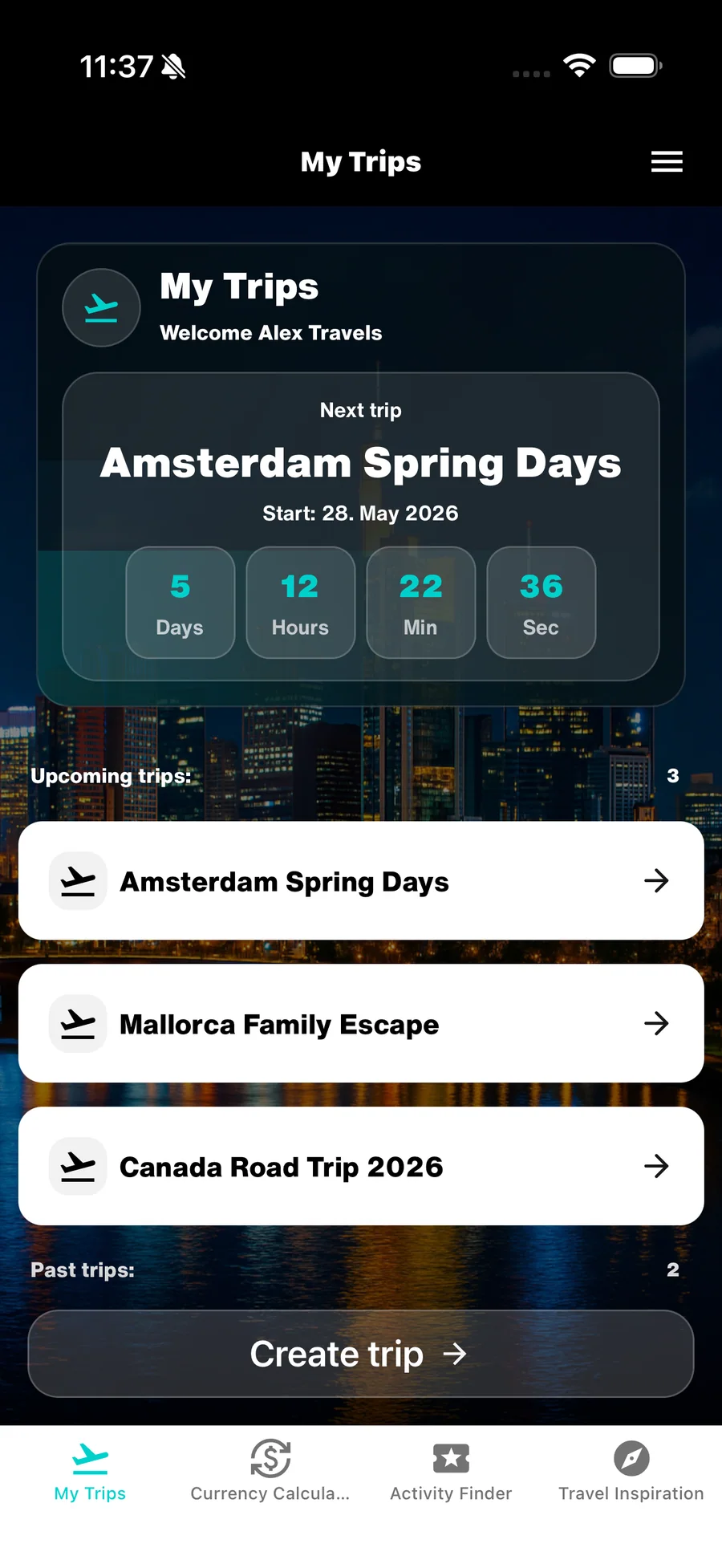 WanderSpend trip overview screen