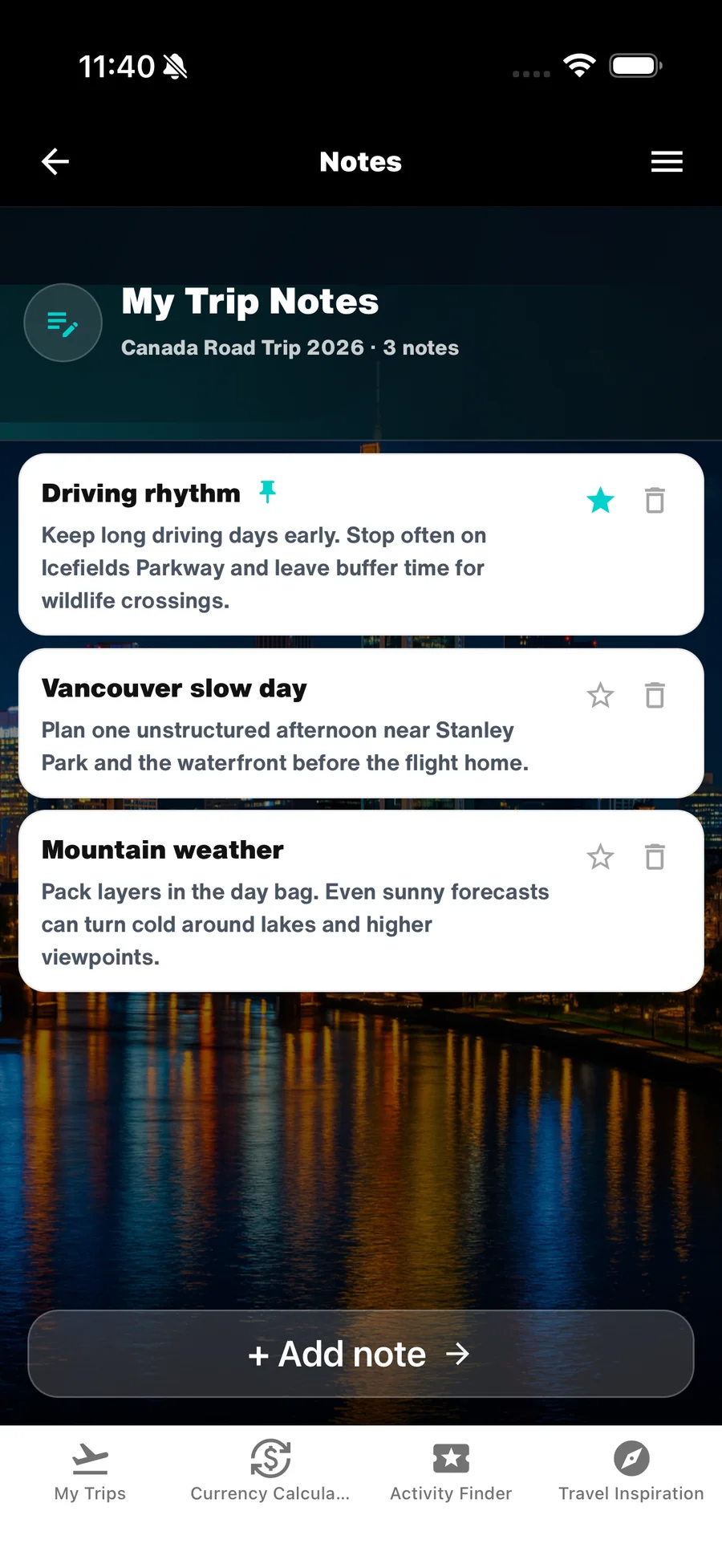 WanderSpend rich trip notes for a road trip