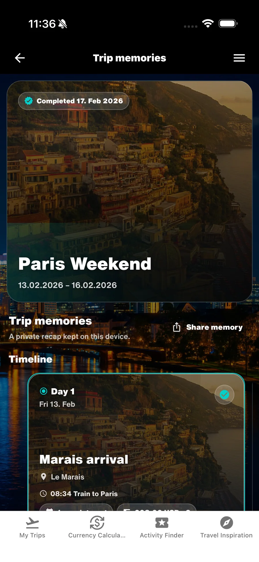 WanderSpend trip memories recap screen